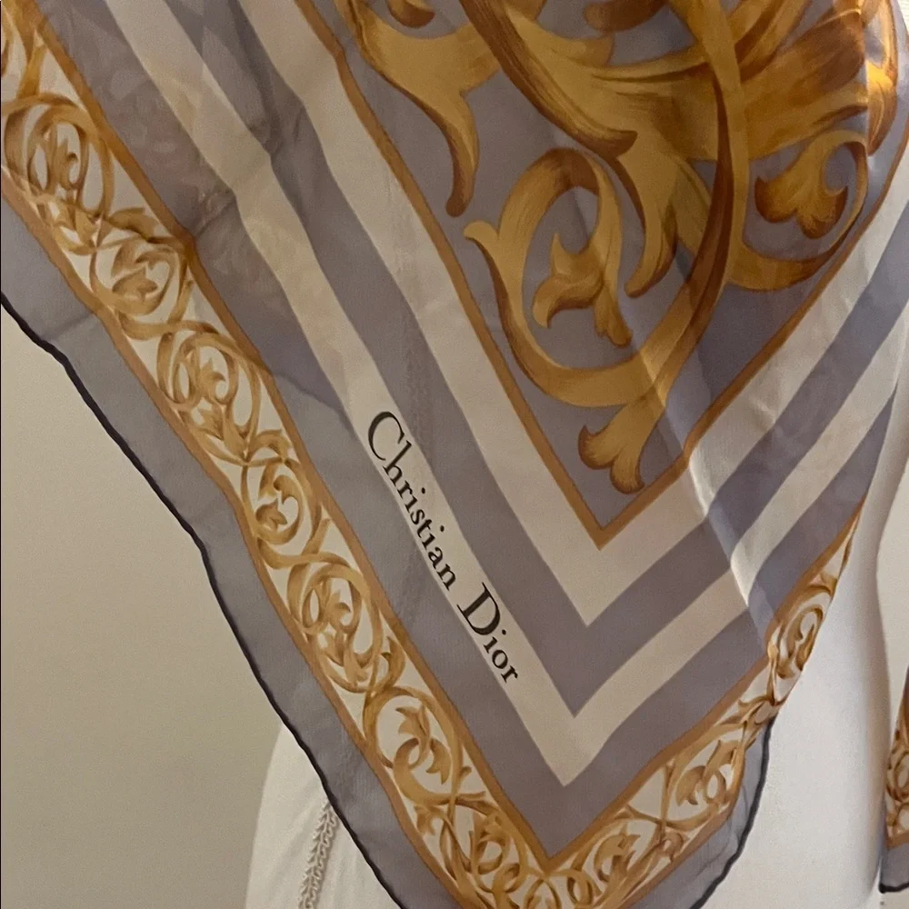 Dior Elegant Gold and Gray Scarf with Polka Dots